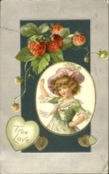 Strawberries above little girl wearing a hat Strawberries above little girl wearing a hat