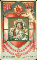 Cupid Holding a Flaming Torch and a Pretty Girl in Blue Postcard