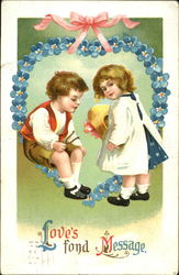 Boy and Girl under Heart Wreath Postcard