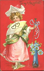 Little Girl in Pink Holding a White Fan Postcard