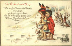 Two Native American children following heart tracks in the snow Postcard