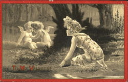 Young Girl and Two Cupids Postcard