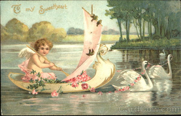Cupid rowing small white sailboat pulled by 2 swans