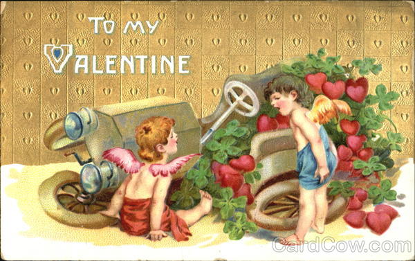 Two Cupids and a Flowered Filled Car