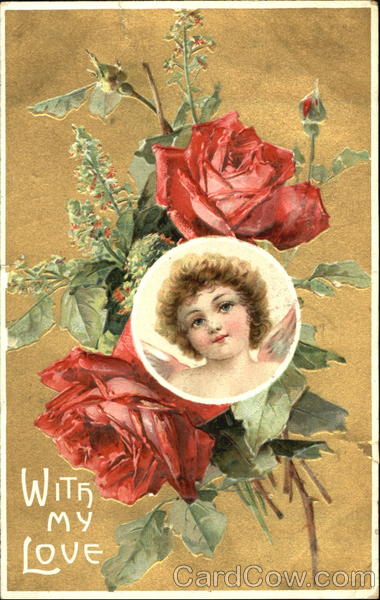 Cupid face in circle, red roses