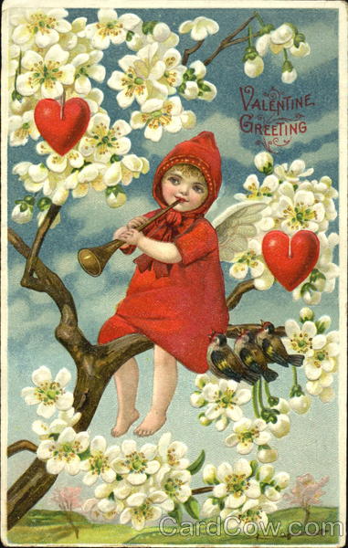 Cupid in red dress and hat playing oboe for birds in apple blossoms