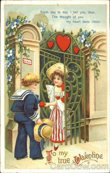Girl in red striped dress opening gate to boy in blue sailer suit