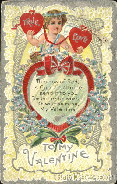 Cupid holding two hearts, on top of heart bordered in red ribbon