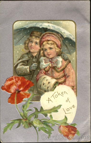 Children in the Snow with Umbrella and Poppies