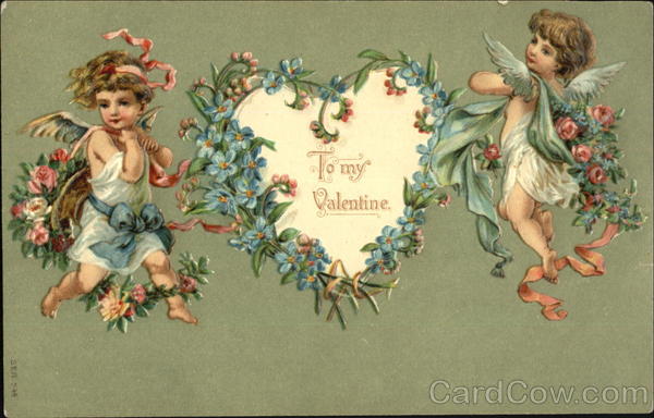 Two cherubs holding valentine, vines and flowers Fantasy