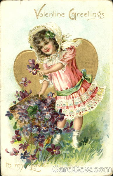 Pink-frocked girl with large basket of violets Children