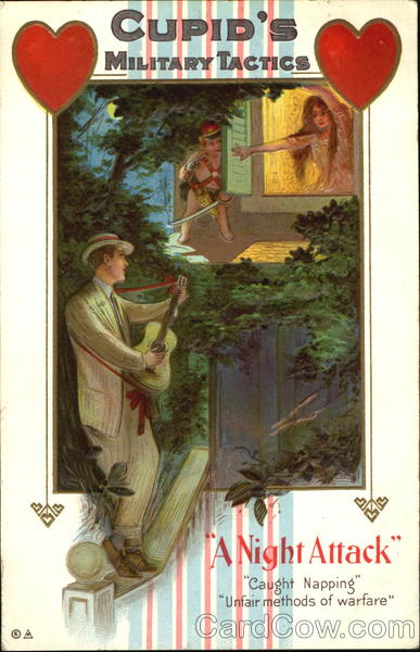 Man serenading woman, with gladiator-dressed cupid attending