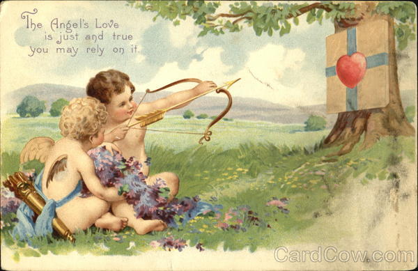 Two cupids, one aiming at package with heart attached to tree
