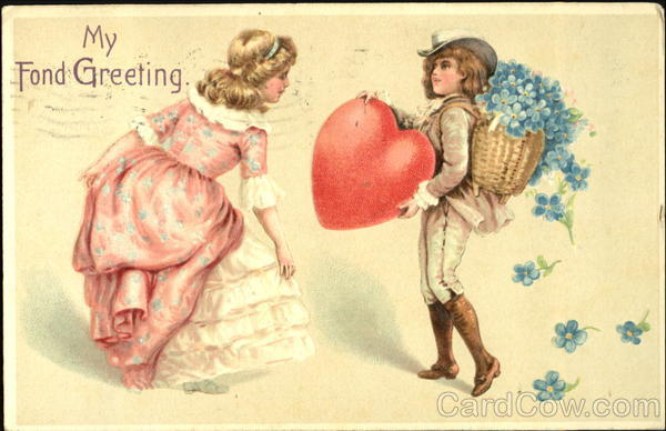 Girl in pink dress, curtseying to boy holding big heart