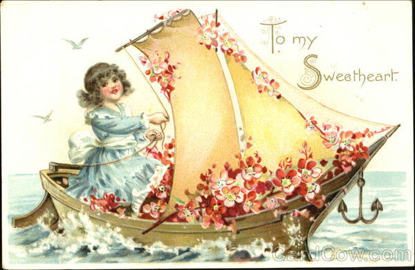 Girl in small sailboat, red flowers Children