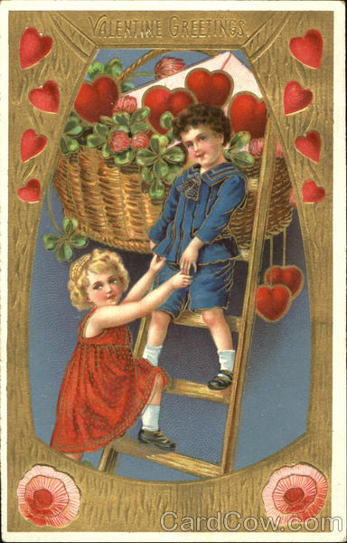 Boy in blue outfit standing on ladder, girl in red dress climbing ladder