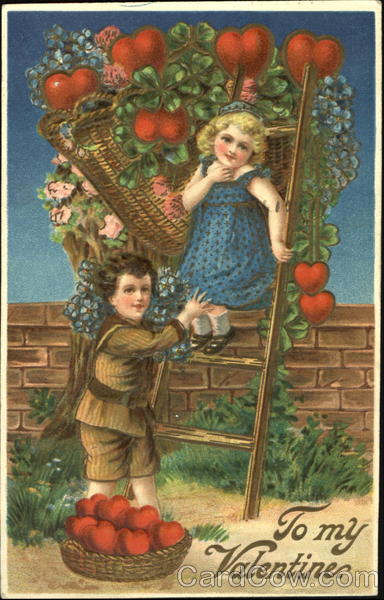 Boy and girl with ladder picking apple hearts Children