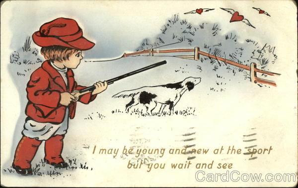 Boy with hunting knife, pointer dog, hearts with wings