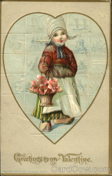 Dutch girl holding basket of pink flowers Children
