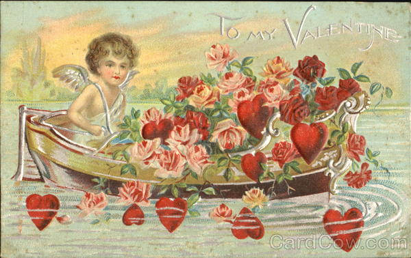 Cupid in Boat With Roses and Hearts