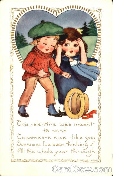 Boy in green cap, girl in blue cape, hat on ground