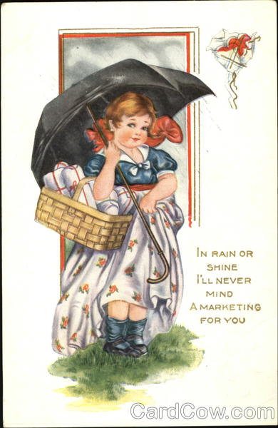 Round-faced girl with umbrella and basket Comic