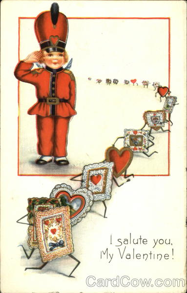Boy Soldier Saluting Passing Line of Valentine Cards