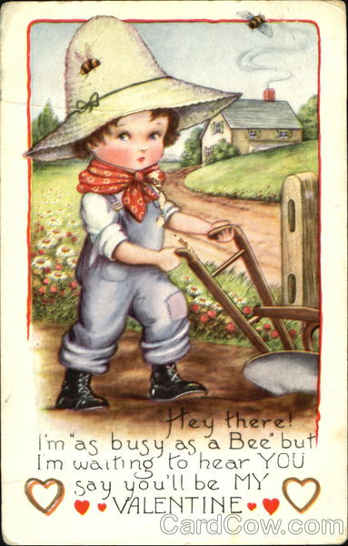 Boy pushing plow, blue overalls, big straw hat Children