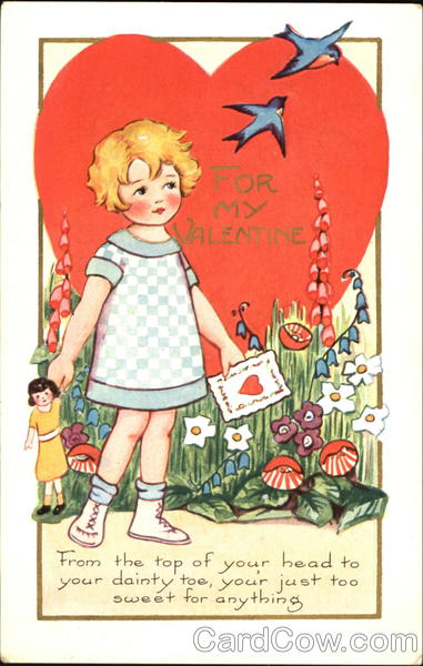 Girl holding doll, big read heart, bluebirds Children