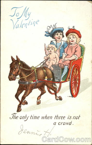 Young couple in horse drawn buggy with cupid as driver