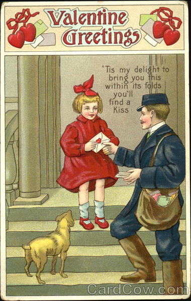 A postman giving a letter to a little girl Children