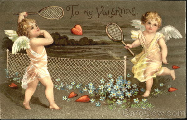 Two cupids playing badminton with a hearet