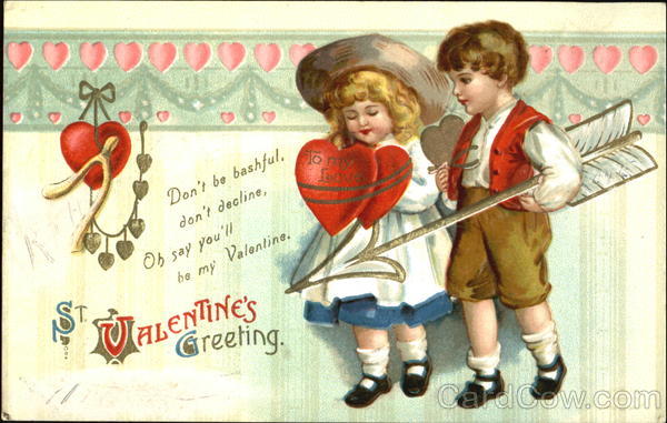 Girl Holding Heart and Boy Holding an Arrow Ellen Clapsaddle