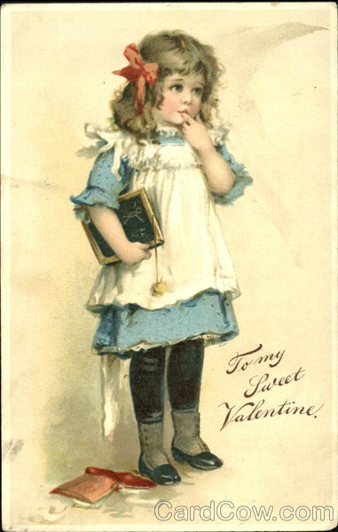 Girl with white apron holding slate Children