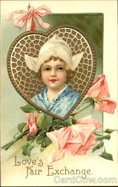 Girl face with dutch hat, pink flowers & ribbons Children