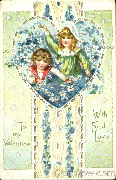 Girl and boy sitting in heart with white and blue flowers