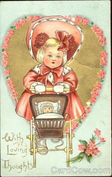 Girl with red dress and big red hat pushing doll in carriage