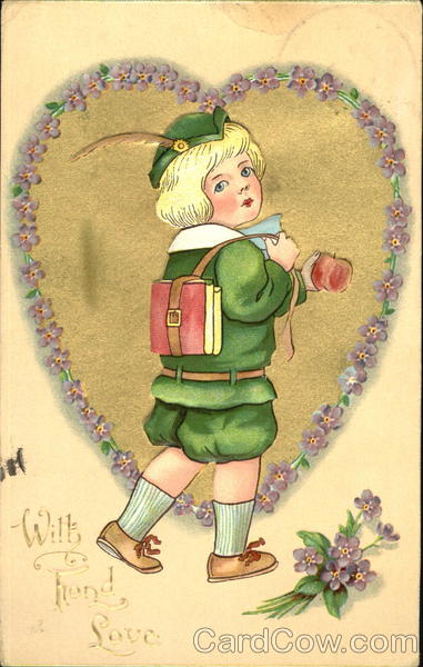 Boy in green outfit, carrying apple, book in leather strap