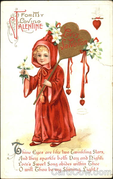 Girl in red robe and hood, olding stick with heart on end