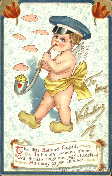 Cupid in wooden shoes, smoking long pipe