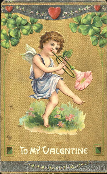 cupid plaing bugle with pink flower coming out of it