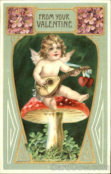 Cupid playing music on a mushroom