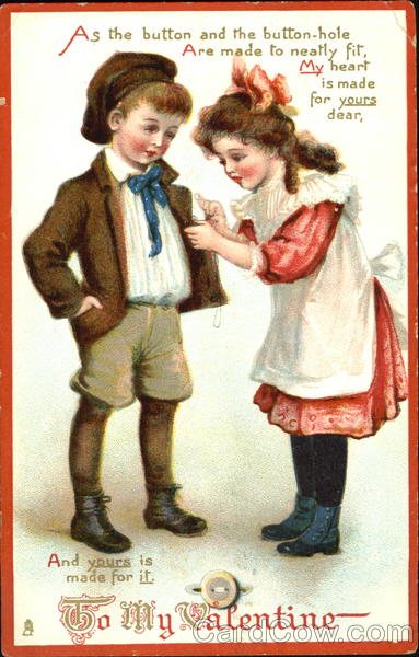 A girl sewing a button onto a boy's jacket Children