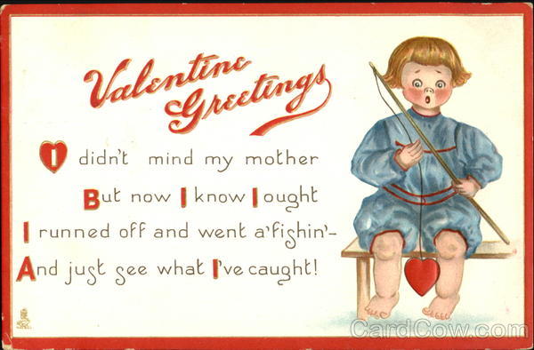 Boy in blue outfit, fishing pole holding red heart