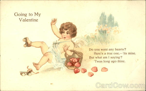 Rollerskating Cupid Spill Basket Of Hearts In Meadow