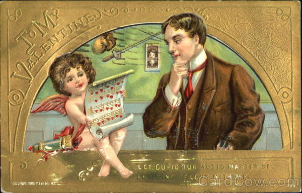 Man With Cupid Holding Sheet Music