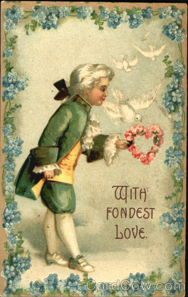 Colonial-dressed boy with heart of flowers Children