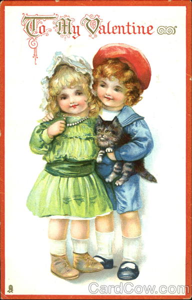 Young boy and girl with gray kitten Children