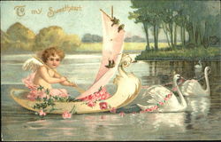 Cupid rowing small white sailboat pulled by 2 swans Postcard