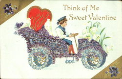 Boy Wearing Sailor Suit Driving a Flowered Car Postcard